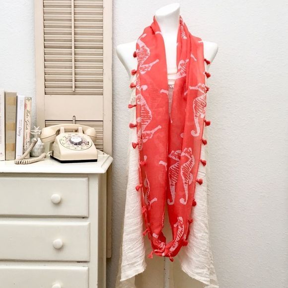 Seahorse Print Tassel Trim Orange Infinity Scarf, nwt - Picture 3 of 5